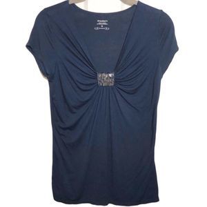 Dress Barn Navy Blouse with Accent Pendant Small